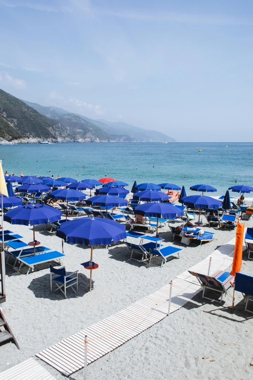 a beach filled with lots of blue umbrellas and chairs, renaissance, cinq terre, serene beach setting, profile image, square