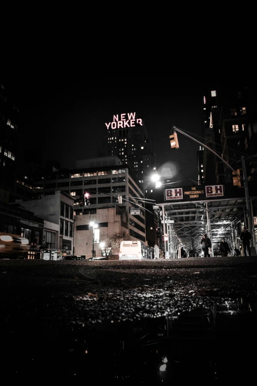 a black and white photo of a city at night, a picture, by Adam Rex, unsplash contest winner, new york streets, square, white neon lights, dark. no text