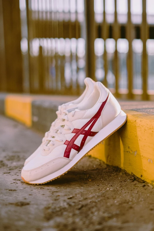 a pair of white and red sneakers sitting on a curb, by Austin English, 🚿🗝📝, japanese collection product, with backdrop of natural light, けもの