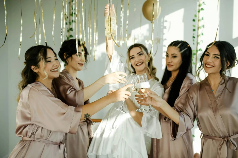 a group of women standing next to each other holding champagne glasses, pexels contest winner, art nouveau, wearing a hospital gown, brunette, wedding, video footage