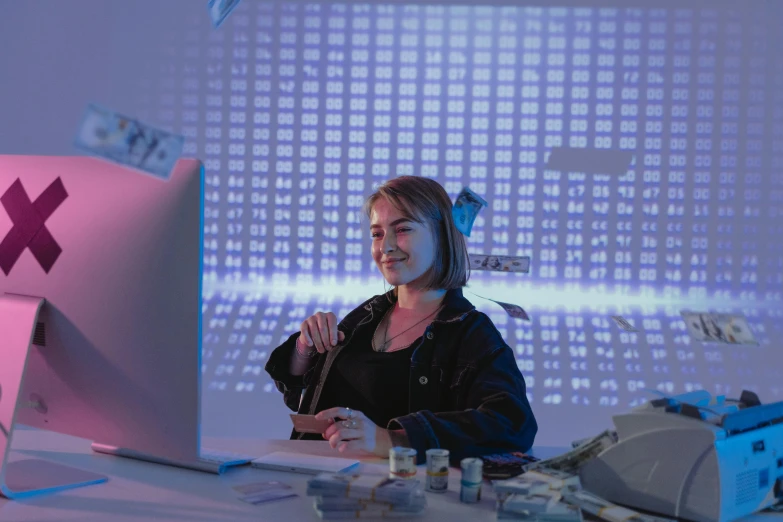 a woman sitting at a desk in front of a computer, a hologram, by Lisa Milroy, pexels contest winner, giant crypto vault, taking mind altering drugs, demna gvasalia, maths