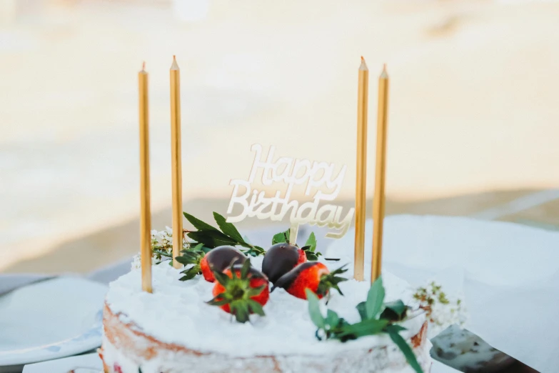 a cake sitting on top of a white plate, by Julia Pishtar, unsplash, happy birthday candles, near the beach, shades of gold display naturally, gardening