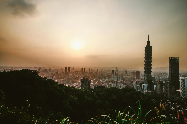 a view of a city from the top of a hill, pexels contest winner, taiwan, golden hour hues, tropical climate, towering