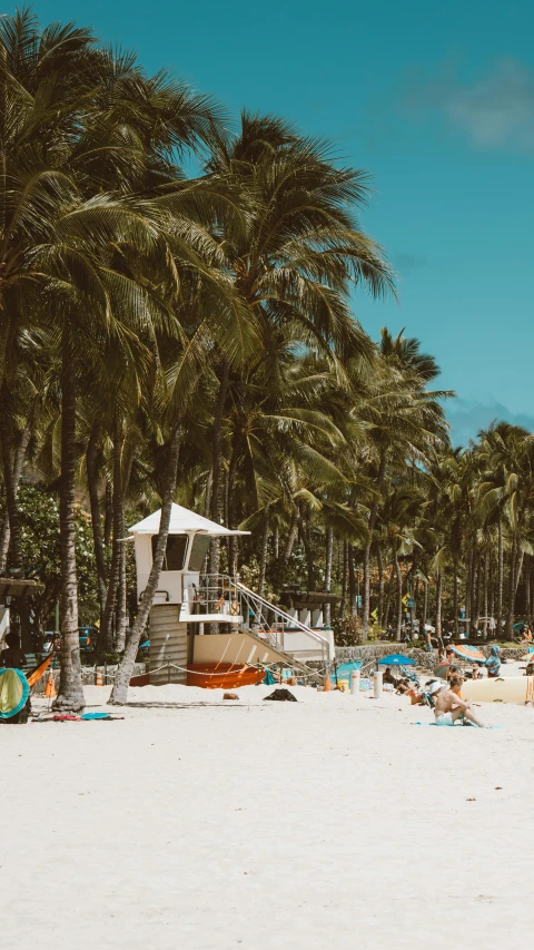 a beach filled with lots of people and palm trees, by Robbie Trevino, pexels contest winner, maximalism, 1970s philippines, exterior shot, 🚿🗝📝, summer feeling