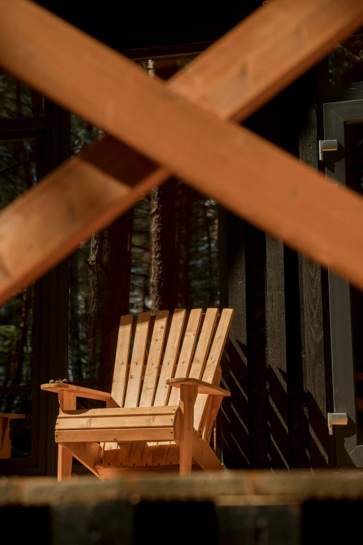 a couple of wooden chairs sitting on top of a porch, by Jaakko Mattila, unsplash, conceptual art, glamping, detail structure, multiple stories, black fir