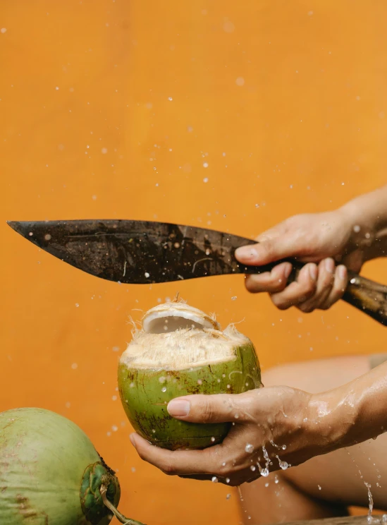 a person cutting a coconut with a knife, thumbnail, splento, brown, 2025