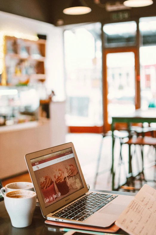 a laptop computer sitting on top of a table next to a cup of coffee, trending on pexels, happening, cafe interior, embracing, meredith schomburg, full body image