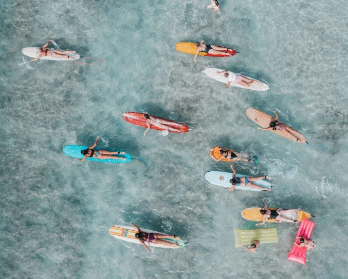 a group of people riding surfboards on top of a body of water, pexels contest winner, flat lay, coloured, paddle of water, ilustration