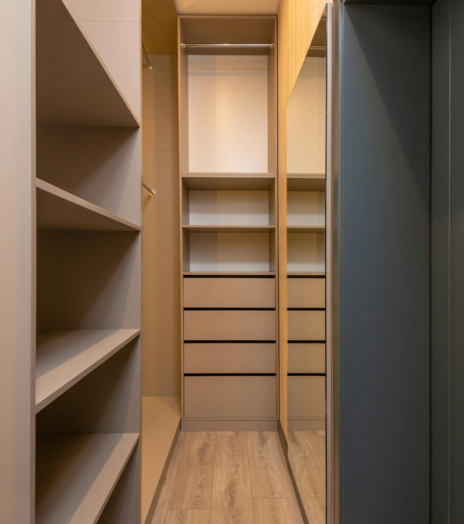 a walk in closet with a lot of shelves, by Tom Wänerstrand, unsplash, bauhaus, height detailed hd realistic 8 k, monaco, sparse detail, narrow