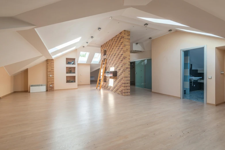 an empty room with a ladder in it, by Alexander Fedosav, light and space, big open floor 8 k, apartment, brown, photo for a store