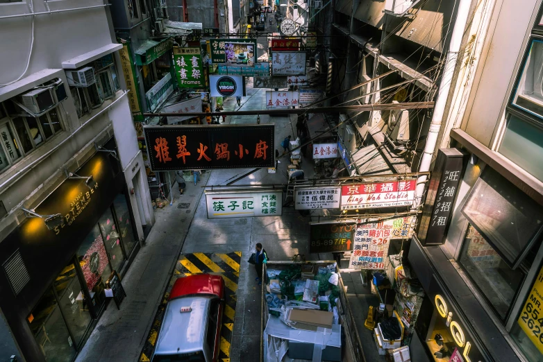 a city street filled with lots of tall buildings, a picture, by Patrick Ching, pexels contest winner, hyperrealism, colorful signs, looking down from above, shady alleys, chinese building