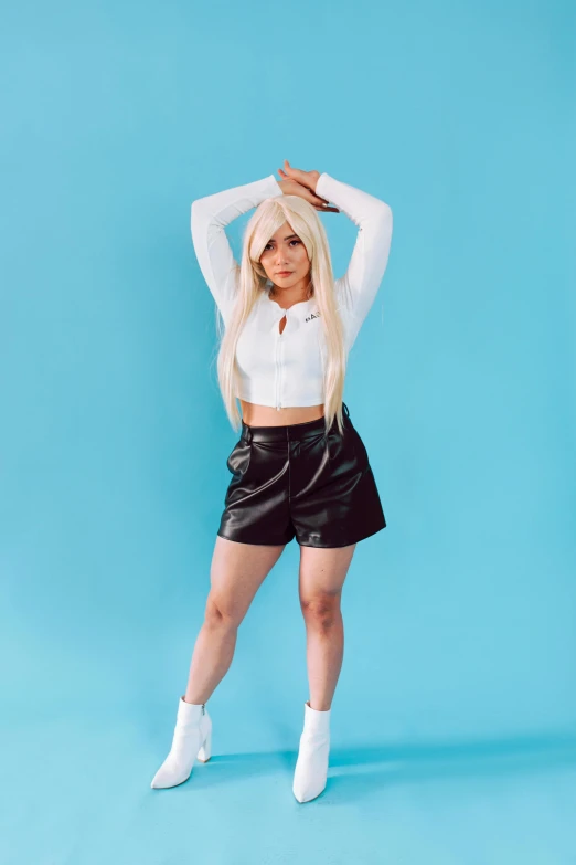 a woman in a white shirt and black leather shorts, an album cover, inspired by Ion Andreescu, trending on pexels, jessica nigri, wide full body, white haired, wearing a cropped top