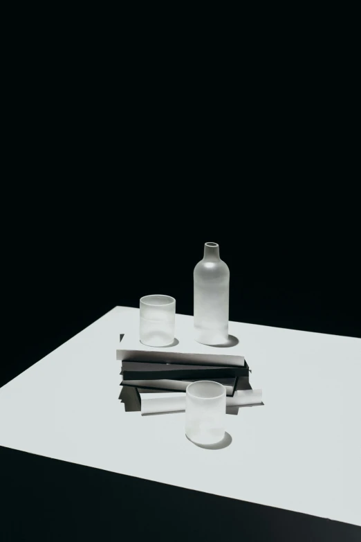 a couple of bottles sitting on top of a table, by Harvey Quaytman, minimalism, translucent material, promo material, dark, 1 2 9 7