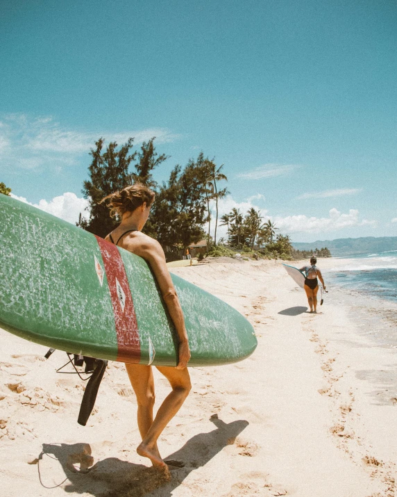 a person walking on a beach with a surfboard, green and red, greg rutkowski and ross tran, lesbians, tubing