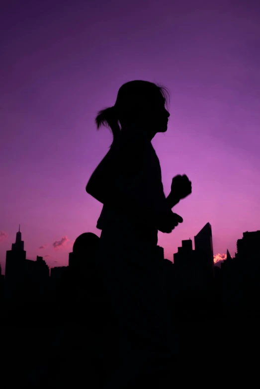 a silhouette of a woman running in the city, by Matt Stewart, happening, ((purple)), 5k, twilight skyline, silhouette :7