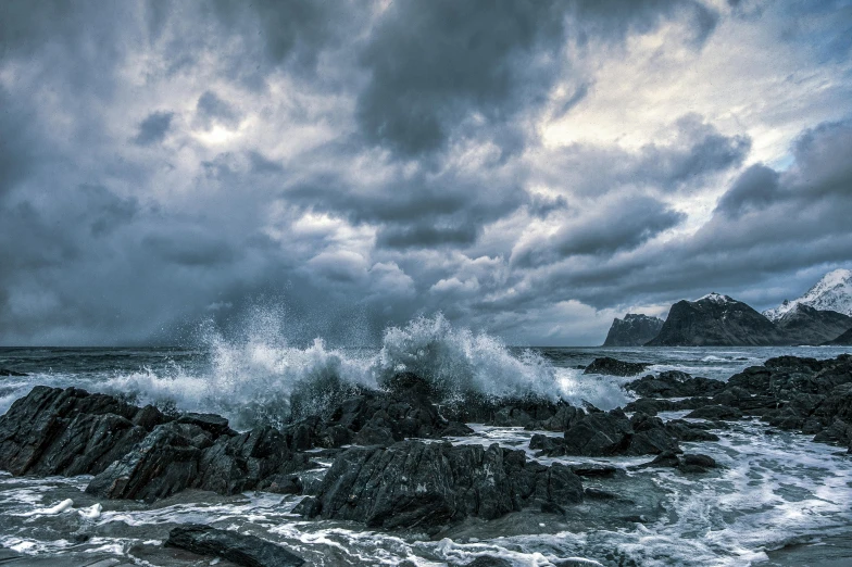 a body of water surrounded by rocks under a cloudy sky, pexels contest winner, romanticism, sea storm, thumbnail, charybdis, grey