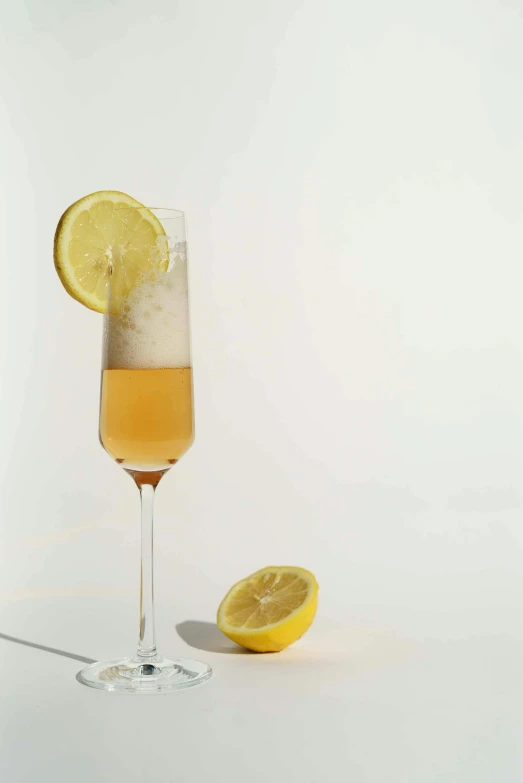 a glass of wine with a slice of lemon next to it, inspired by Jacopo Bellini, beer glasses, three quarter angle, blond, bubbles