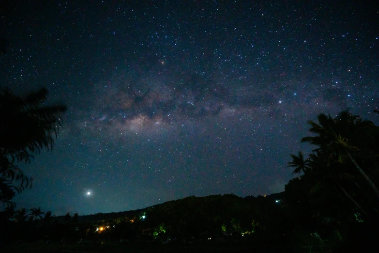 a night sky filled with stars and palm trees, pexels contest winner, light and space, planets in the skies, distant mountains lights photo, southern cross, instagram post