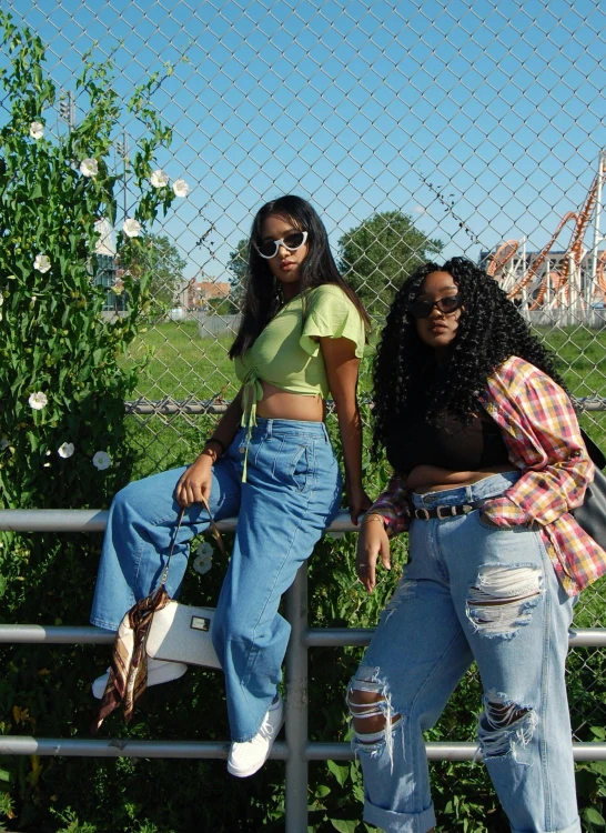 two women standing next to each other near a fence, trending on pexels, happening, baggy jeans, ( ( dark skin ) ), wearing crop top, group photo