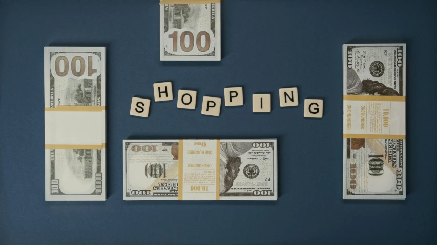 a bunch of money sitting on top of a blue wall, people shopping, text on paper, stacking supermarket shelves, dollar bills