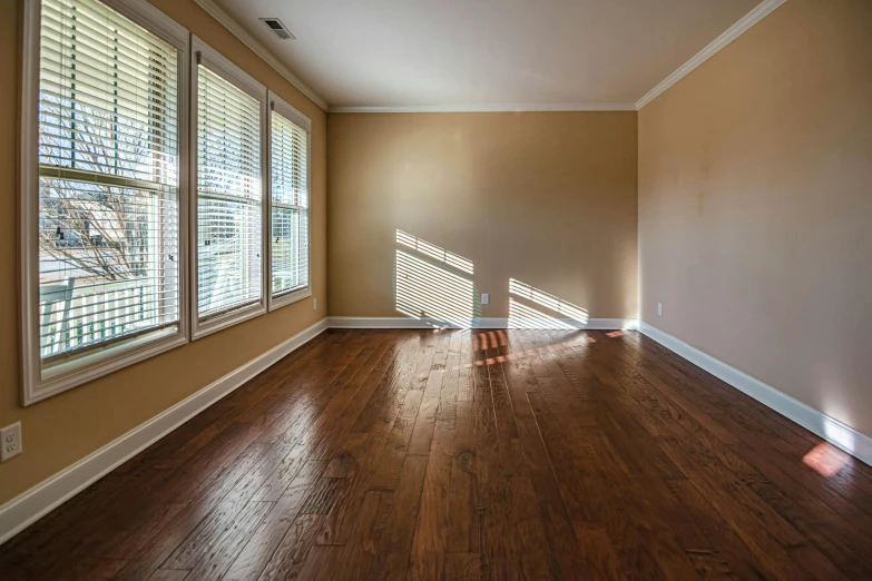 a room with a hard wood floor and a window, unsplash contest winner, path tracing, thumbnail, background image, real estate photography