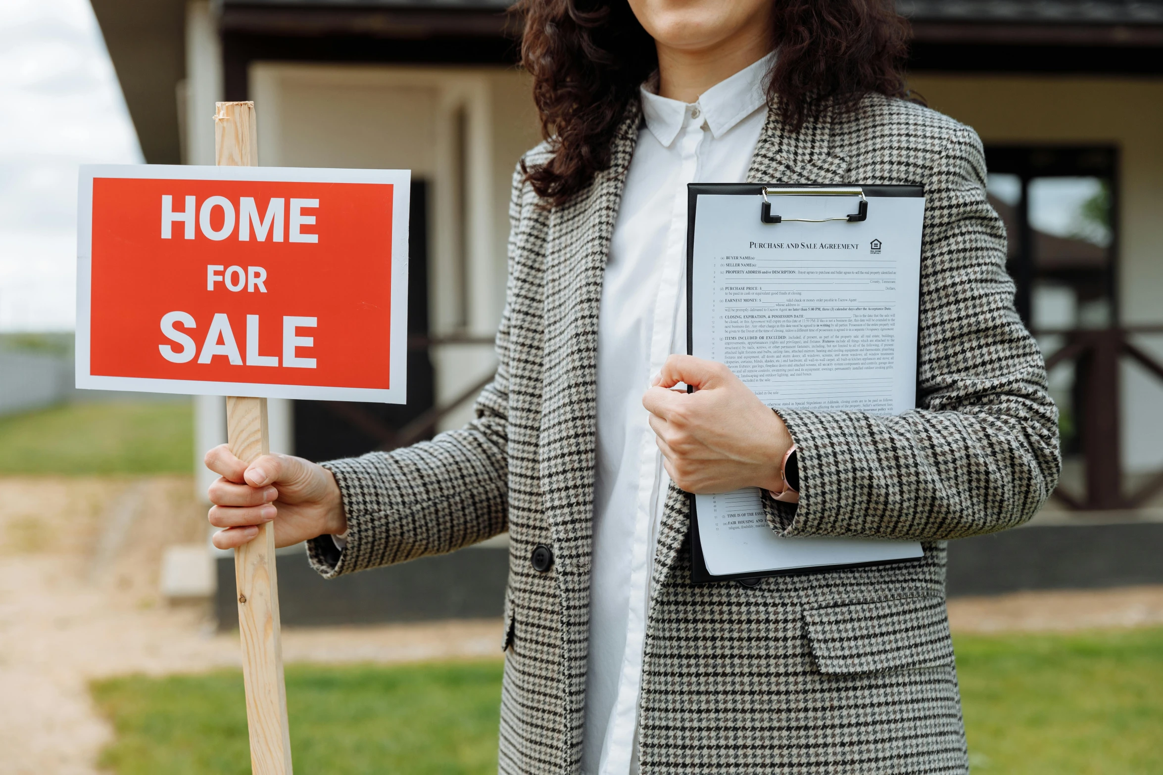 a woman holding a sign that says home for sale, pexels contest winner, holding a clipboard, wearing a black and red suit, square, brown