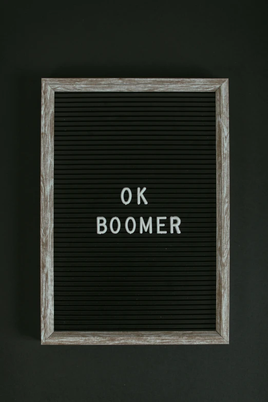 a letter board with the word ok boomer written on it, trending on unsplash, folk art, elderly, bomberman, profile image, embroidered velvet