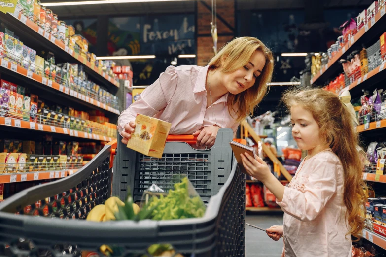 a woman and a little girl shopping in a grocery store, pexels, fantastic realism, square, australian, gif, blonde