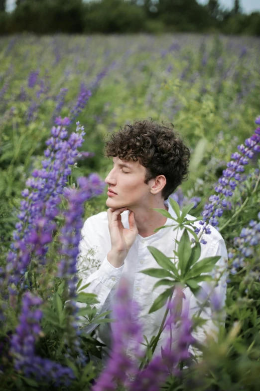 a man sitting in a field of purple flowers, an album cover, inspired by John Luke, trending on pexels, renaissance, attractive androgynous humanoid, curls, asher duran, well-groomed model