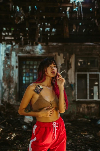 a woman with red hair smoking a cigarette, inspired by Elsa Bleda, pexels contest winner, graffiti, croptop and shorts, asian women, sza, 2019 trending photo
