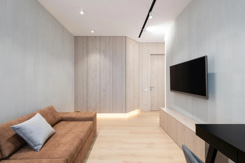 a living room filled with furniture and a flat screen tv, unsplash contest winner, light and space, smooth panelling, neo kyiv, oak, boy's room
