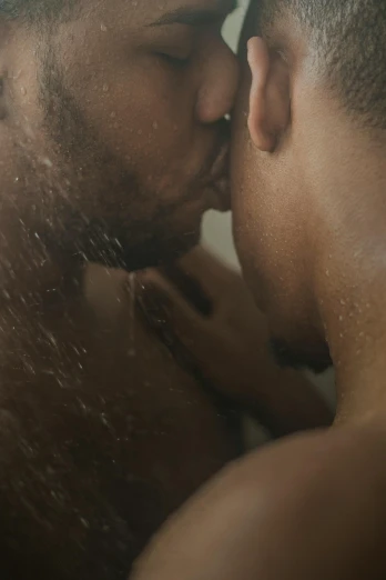 a man kissing a woman in the shower, by Jessie Alexandra Dick, trending on unsplash, two young men, essence, video still, gay