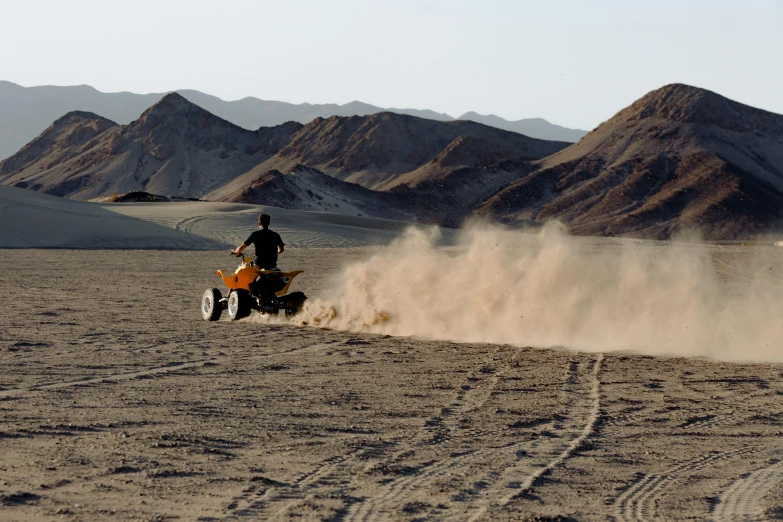 a person riding an atv in the desert, unsplash, process art, colored photo, brown, maintenance, technical