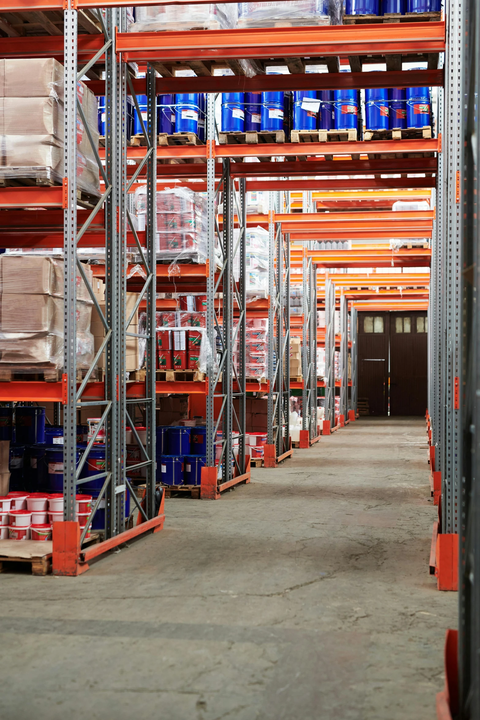 a warehouse filled with lots of boxes and pallets, pexels, renaissance, orange safety labels, 2 5 6 x 2 5 6 pixels, large jars on shelves, multicoloured