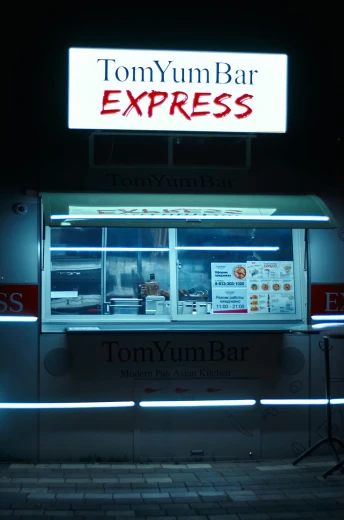 a food cart sitting on the side of a road at night, inspired by Tadanori Yokoo, pexels contest winner, expressionism, light box, at the counter, crossed eyes, inside of a tokyo garage