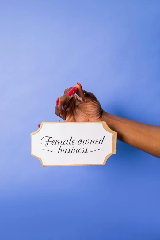 a woman holding a sign that says female owned business, an album cover, trending on pexels, essence, plain background, with a blue background, thumbnail