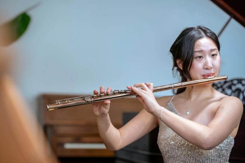 a woman in a dress playing a flute, inspired by Zheng Xie, unsplash, photorealism, person in foreground, ruan jia and fenghua zhong, silver, brown