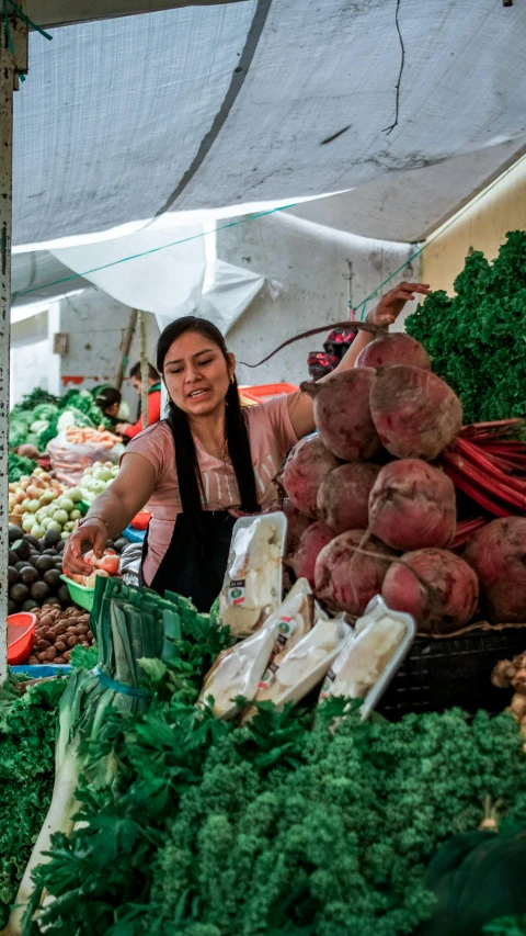 a woman standing in front of a display of vegetables, by Alejandro Obregón, pexels contest winner, square, peruvian looking, sustainability, maroon