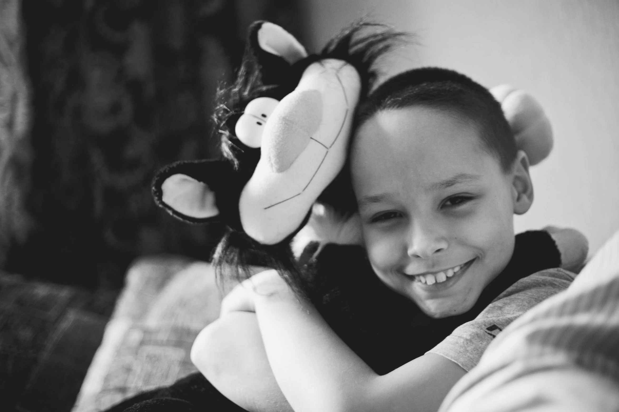 a young boy sitting on top of a couch holding a stuffed animal, a black and white photo, pexels, hugging each other, pony, kind smile, coronavirus as a stuffed toy