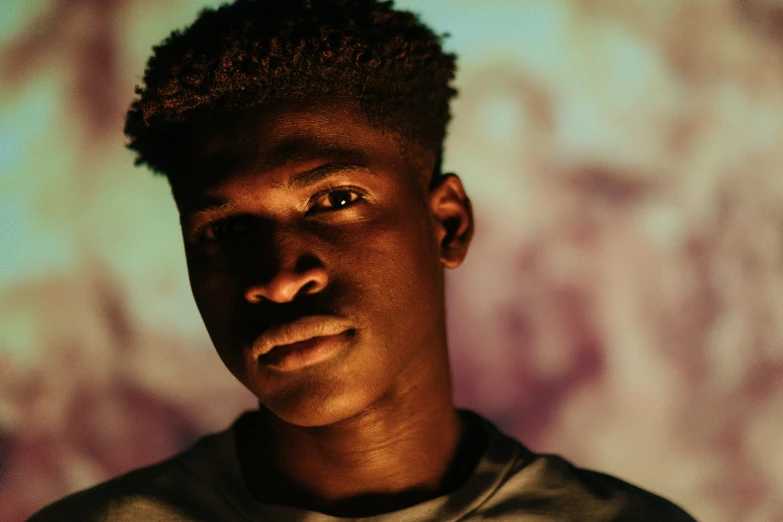 a close up of a person wearing a shirt, by Maxwell Bates, trending on pexels, black teenage boy, standing in a dimly lit room, matt mute colour background, looking defiantly at the camera