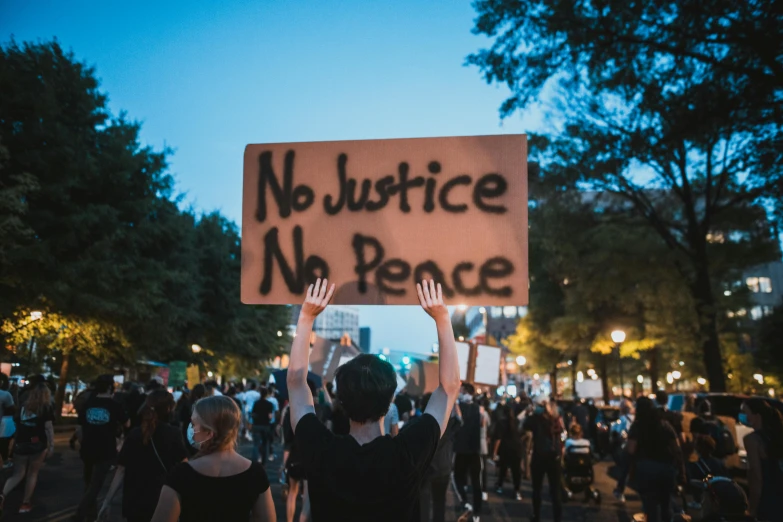 a person holding a sign that says no justice no peace, trending on unsplash, summer night, essence, profile pic, unknown artist