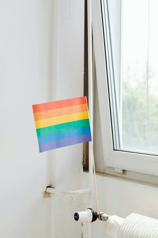 a rainbow flag sitting on top of a window sill, holding a wooden staff, graphic print, small in size, gang flags