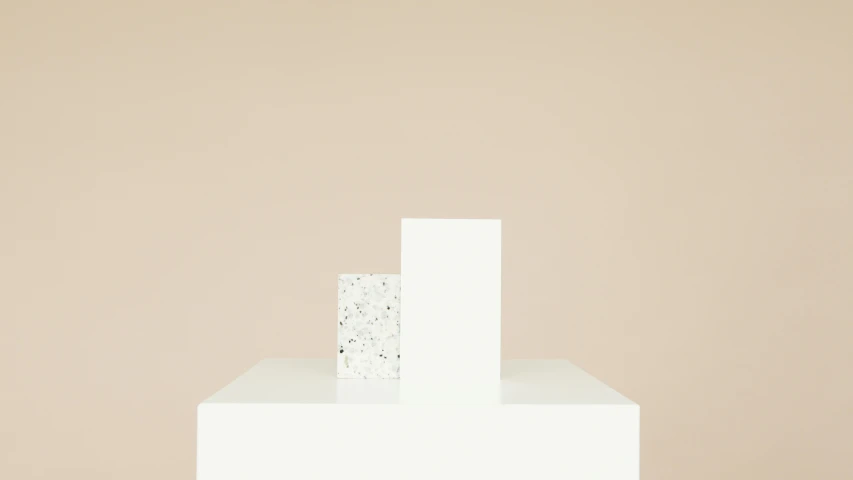 a white object sitting on top of a white table, an abstract sculpture, conceptual art, terrazzo, album, simplistic, speckled