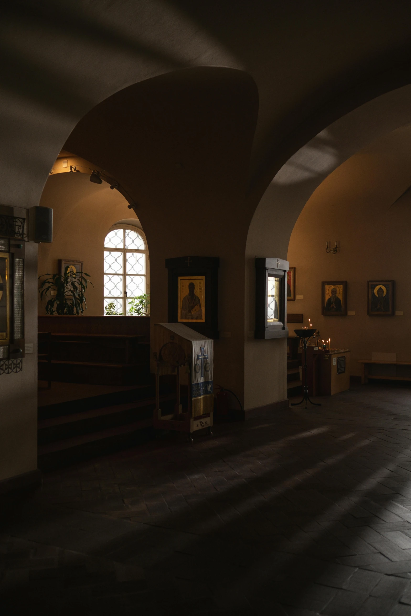 a black and white photo of a church, a picture, inspired by Károly Markó the Elder, light and space, hallway, golden light, medium format. soft light, paul barson
