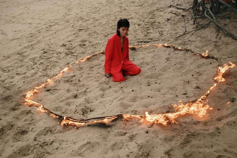 a person sitting in a circle of fire on a beach, by Marina Abramović, land art, declan mckenna, superhero, zoë kravitz, flaming heart
