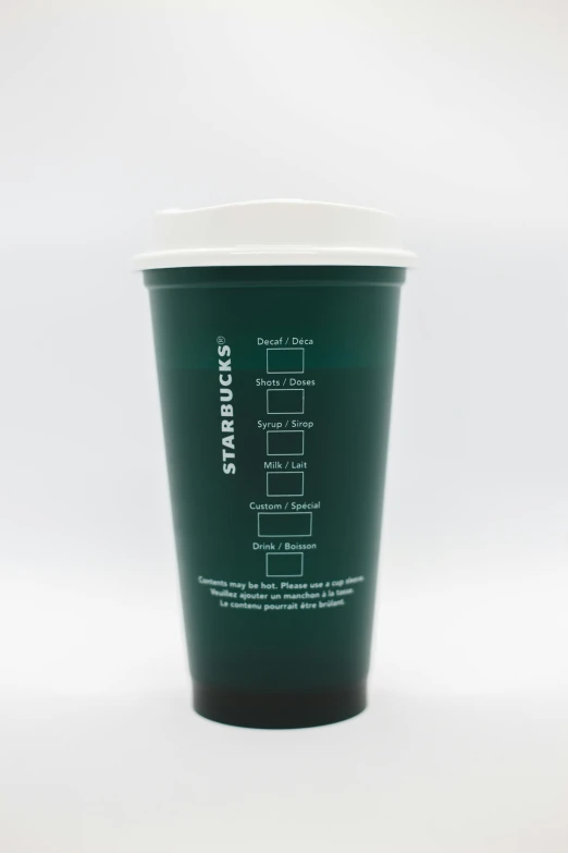 a starbucks cup sitting on top of a table, plain background, labeled, front side view full sheet, sizes and colors