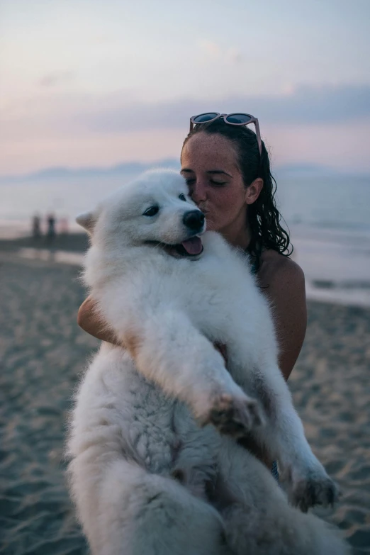 a woman holding a white dog on a beach, by Niko Henrichon, pexels contest winner, samoyed dog, summer evening, big cheeks!, marbella