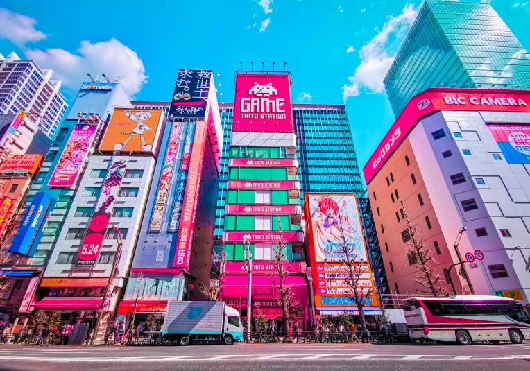 a city street filled with lots of tall buildings, inspired by Beeple, pexels contest winner, pixel art, in tokyo akihabara, bright signage, pink marble building, 🚿🗝📝