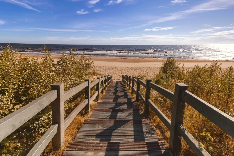 a wooden walkway leading to a beach next to the ocean, by Julian Allen, swanland, tourist photo, steps, brown