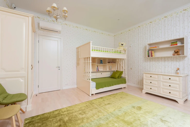 a bedroom with a bunk bed and a green rug, by Petr Brandl, pexels contest winner, art nouveau, soft green natural light, kids place, ayanamikodon and irakli nadar, 2 5 6 x 2 5 6